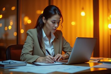 Young focused Asian businesswoman in beige blazer working on laptop and writing in notebook during late night office hours with warm bokeh lights background for productivity and corporate themes