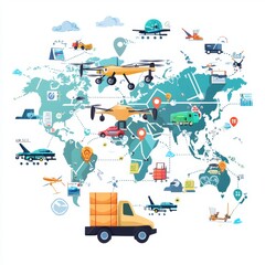 Fototapeta premium Global Delivery System with Drones, Trucks, and Airplanes Illustrating Modern Logistics and Transport Solutions