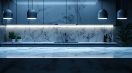 Soft blue hues fill a sleek kitchen, showcasing elegant marble countertops and subtle pendant lights. The serene atmosphere invites creativity in culinary arts as shadows dance gently