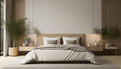 Generated image, Bedroom Wall Mockup Template, 3d Render Wall Mockup, minimalist style bedroom white color
