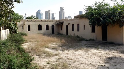 Overgrown Courtyard of Old Building Near City Skyline