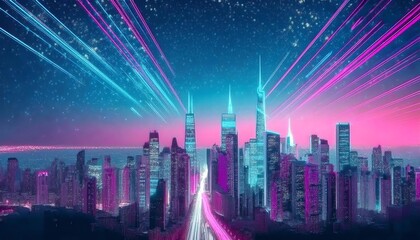Fototapeta premium A vibrant futuristic cityscape with neon lights, starry skies, and dynamic light beams, creating a captivating and energetic atmosphere.