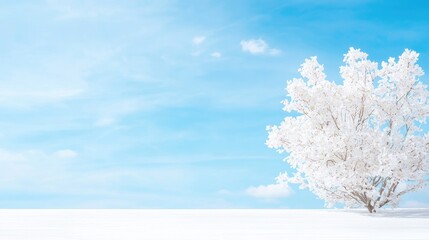Fototapeta premium Snowy winter tree, serene sky, winter wonderland, peaceful background, ideal for nature or winter themes