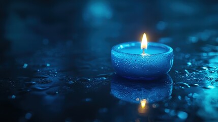 Close-Up of a Glowing Blue Candle Light Against a Dark Background with Water Droplets