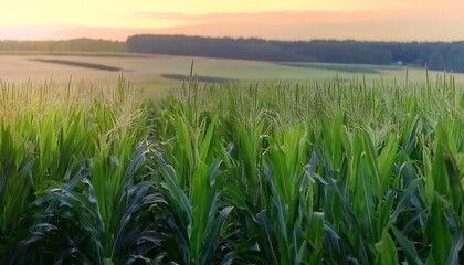 Fototapeta premium Lush green cornfield stretches towards the horizon under a picturesque sunset, showcasing nature's beauty and agricultural landscapes.