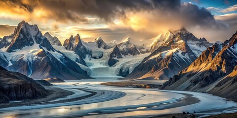Golden Hour Illumination Across a Glacial Valley's Serpentine River, Majestic Peaks Reflecting Sunlight
