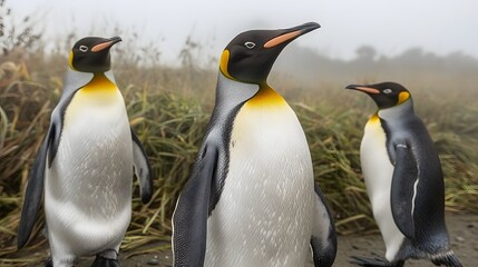 Fototapeta premium Majestic King Penguins in Foggy Antarctic Landscape