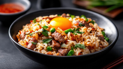 Delicious Yangzhou fried rice with tender beef, fresh vegetables, and sunny side up egg, served in black bowl. perfect blend of flavors and textures