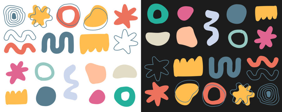 Abstract doodle kids childish style shapes elements modern graphic design set vector, minimal trendy hand drawn geometric silhouettes pattern fluid blobs, handdrawn creative decor art
