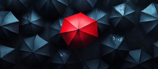 3D rendering of a single red umbrella standing out from the black umbrellas on a dark background