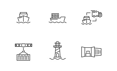 Set of Shipping industry and Logistic icon, ship, lighthouse, container Symbol Outline icon, Editable Stroke