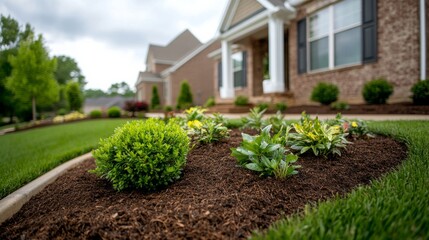 flower bed with freshly applied mulch around the base of plants