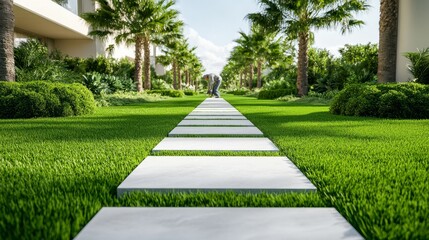 Naklejka premium stone tiles to create a new garden path, lush green grass on either side, bright sunny day