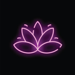Bright pink neon sign in the shape of a lotus flower is glowing on a black background