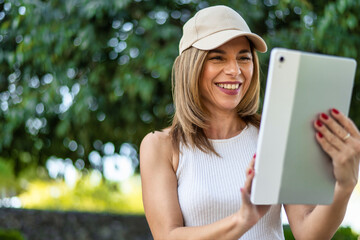Happy entrepreneur wearing a cap, using a tablet and smiling while working remotely in a park,...
