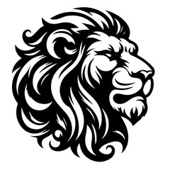 Black and white vector of a lion's head in profile, roaring.