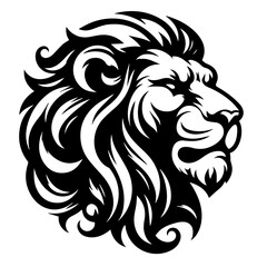 Black and white vector of a lion's head in profile, roaring.