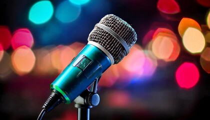 Obraz premium A close-up of a microphone on a stand, set against a blurred, colorful bokeh background, highlighting its metallic texture and vibrant color.