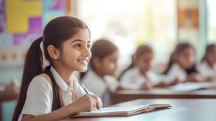 Indian female student writing on notebook sitting in a modern classroom. 