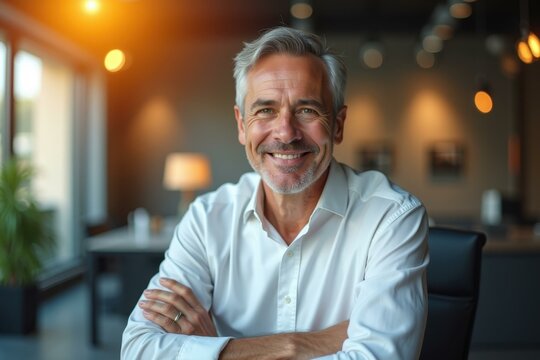 Man is smiling while sitting at table with his arms crossed