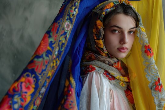 A young girl gazes directly at the viewer, her face framed by a vibrant iris gusle scarf. St. David's day.