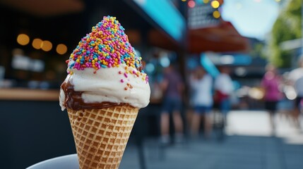 A Delicious Ice Cream Cone with Rainbow Sprinkles in a Blurred City Background