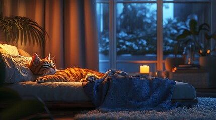 A Tabby Cat Sleeping on a Bed with a Blue Blanket