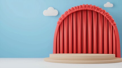 Beige Platform Stage with Coral Red Curtain and Clouds