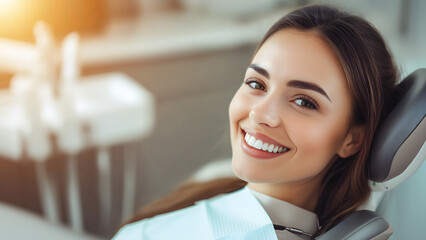 Smiling young woman laying on Dental chair in a clinic. Dental health and oral care background with copy space	