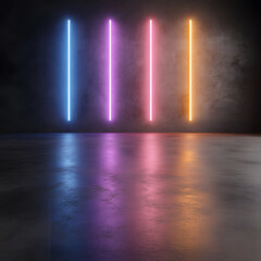 Obraz premium Futuristic cityscape with glowing neon lights and reflective floor