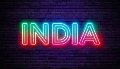 Fototapeta premium Vibrant neon sign representing India on a dark brick wall display
