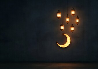 Ramadan Radiance Lantern-Lit Arabic Calligraphy with Crescent on Deep Textured Canvas - Cultural Festivity and Seasonal Decoration for Event Creators