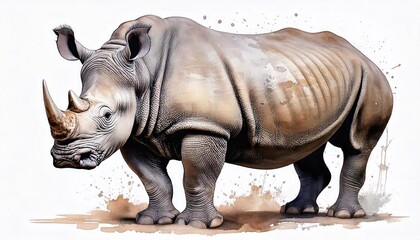 Fototapeta premium Rhinoceros standing on its paws in a vibrant watercolor style on a white background