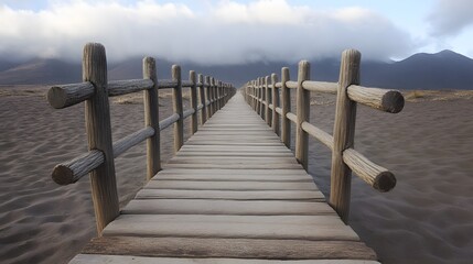 Fototapeta premium Wooden Pathway to Misty Mountains, Serene Landscape