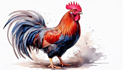 Rooster in vibrant watercolor standing proudly on white background