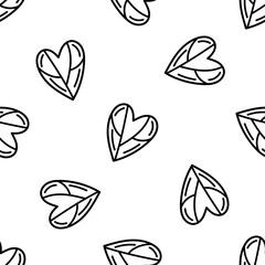 Outline seamless pattern with hand-drawn leaves shaped like hearts