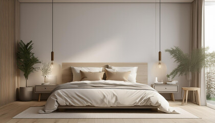Bedroom Wall Mockup Template, 3d Render Wall Mockup, minimalist style bedroom with neutral and white black