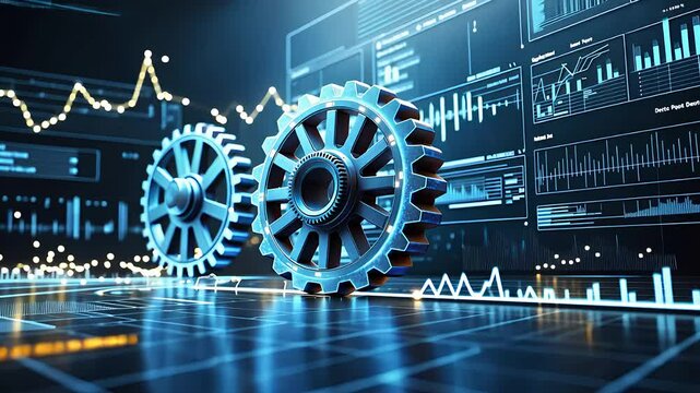 Close-up of Interlocking Gears with Digital Data and Graphs on Futuristic Background

