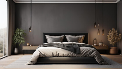 Bedroom Wall Mockup Template, 3d Render Wall Mockup, minimalist style bedroom with neutral and white black