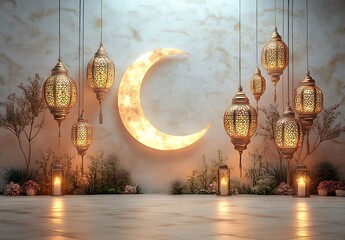 Obraz premium Magical Scene Featuring Ornate Hanging Lanterns and a Glowing Crescent Moon Against a Softly Illuminated Wall, Surrounded by Greenery