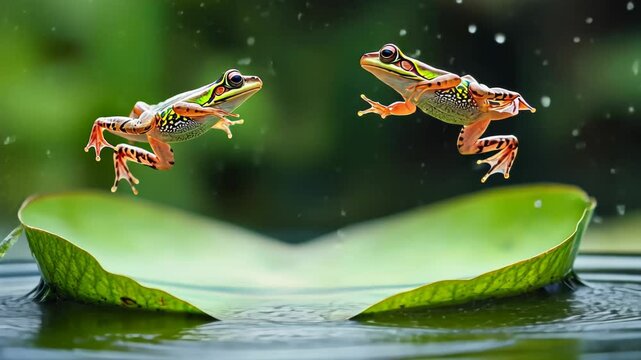 Two vibrant frogs leaping over a lily pad in a serene water setting.