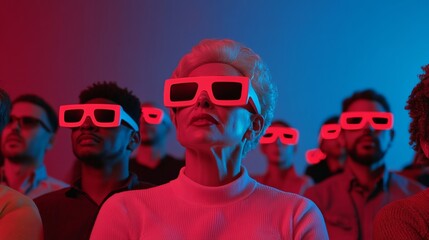 Vivid 3-D Cinema Experience Diverse Audiences Engaged with Red-Blue Light Spectacle - Celebrating National 3-D Day and Spring Film Releases for Modern Entertainment Venues