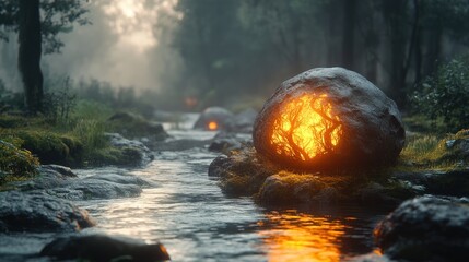 Glowing Rock River Forest Mystical Scene
