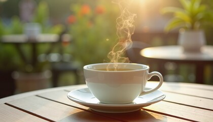 Obraz premium Steaming Detox Tea in Sunlit Garden, Promoting Relaxation and Wellness