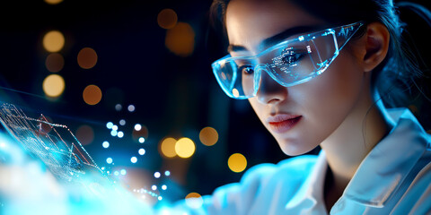 A focused woman in glasses interacts with a glowing digital interface, showcasing a blend of technology and science.