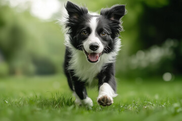 Fototapeta premium cute dog standing on green grass outdoors in spring