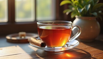 Detox tea in glass cup with cinnamon stick, warm sunlight, health and wellness concept