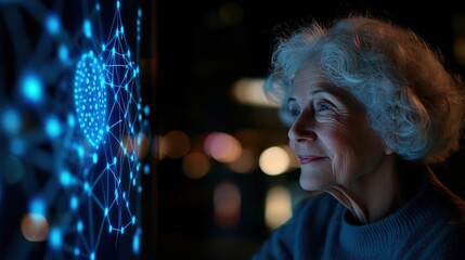 Elderly Woman Exploring Digital World:  A Futuristic Vision of Technology and Age