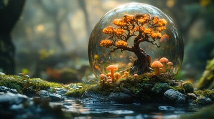 Enchanting Glowing Bonsai Tree Within Glass Sphere