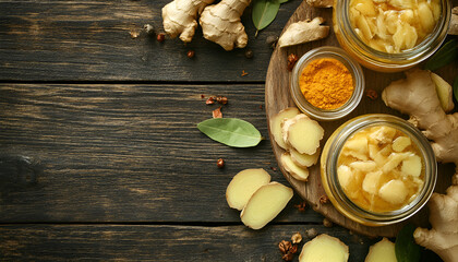 Spicy pickled ginger and root on wooden table, space for text
